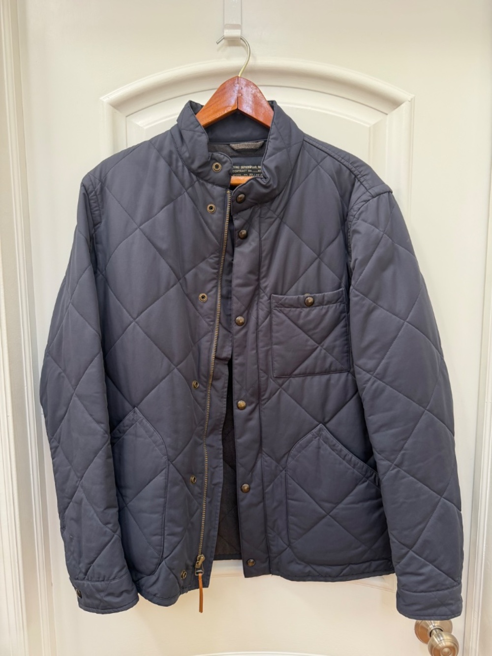 Men’s J. Crew Sussex Quilted Jacket Navy Thermore Full Zip Snap Closure Size M